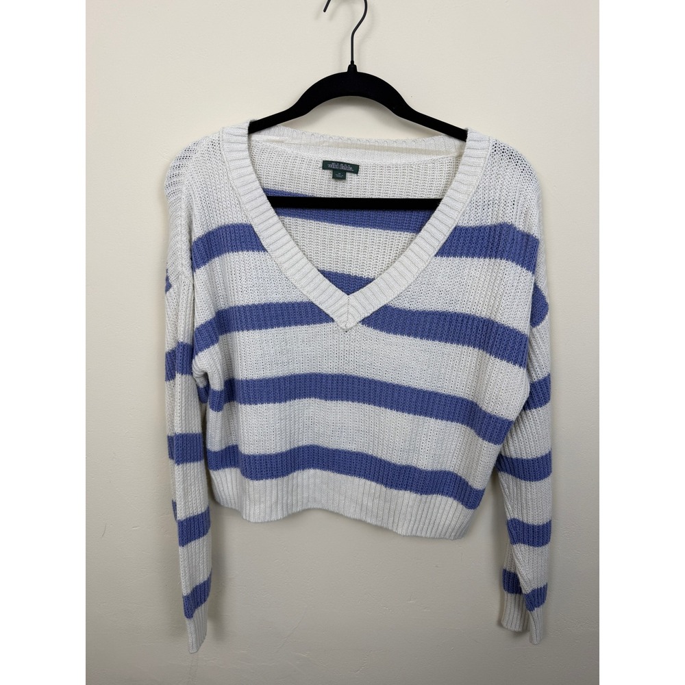 Striped V Neck Sweater Women's M Blue White Cotton Knit Cropped Preppy Coastal